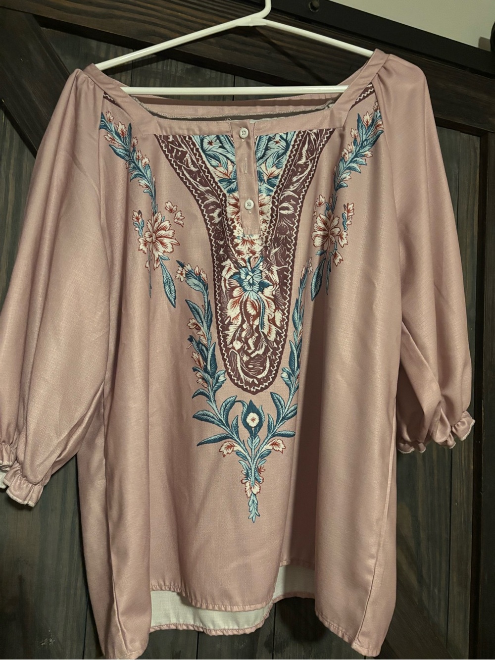 Embroidered Dusty Rose Peasant Blouse with Floral Yoke